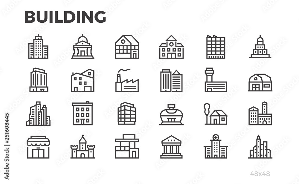 Building icons. City, house, home, architecture, office, real estate and others symbols. Editable line. Pixel perfect.