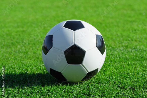 Classic soccer ball lies on the bright green grass on the football field at a sports stadium close-up in a large sports center for football players. Ready idea for your text and design