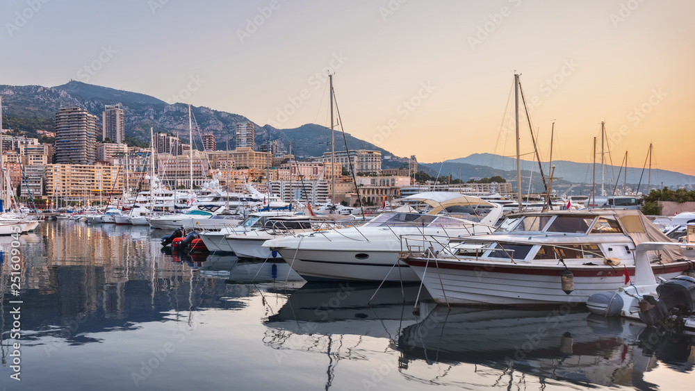 Evening panorama of port Hercule in Monaco