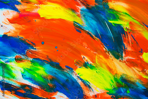 Beautiful abstract brushstrokes with colorful gouache paint on white paper for backgrounds 