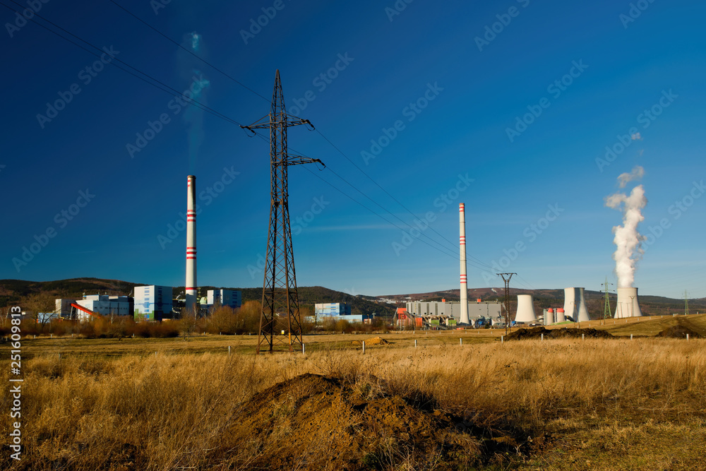 North Bohemian landscape with power plants on 15th february 2019