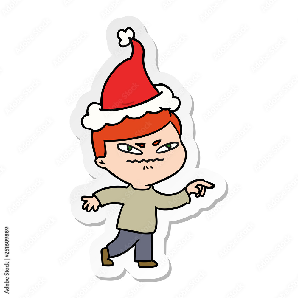sticker cartoon of a angry man pointing wearing santa hat