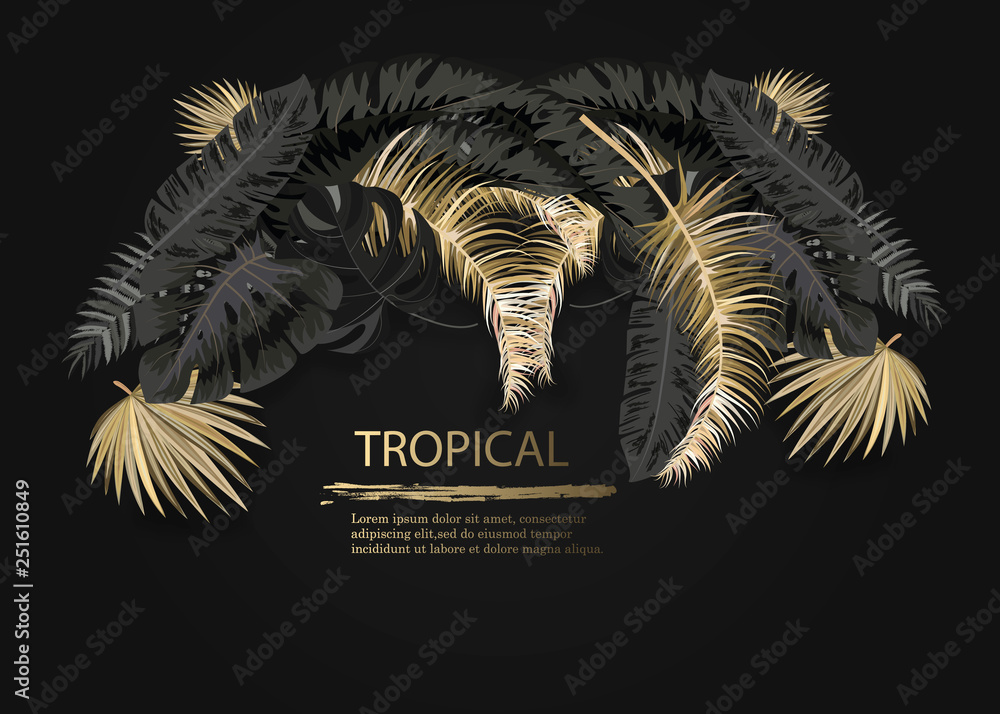 Vector arrangement with black and gold tropical leaves on dark ...
