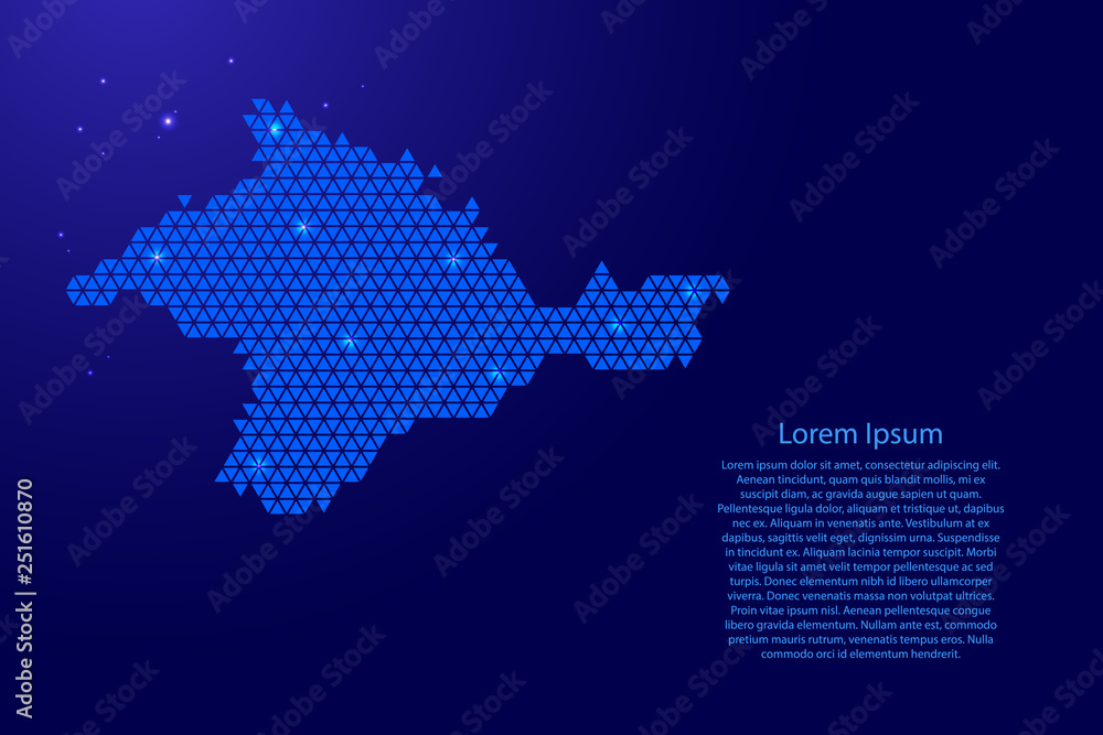 Crimea map abstract schematic from blue triangles repeating pattern geometric background with nodes and space stars for banner, poster, greeting card. Vector illustration.