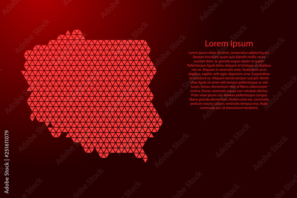 Poland map abstract schematic from red triangles repeating pattern geometric background with nodes for banner, poster, greeting card. Vector illustration. Poland map abstract schematic from red triangles repeating pattern geometric background with nodes for banner, poster, greeting card. Vector illustration.
