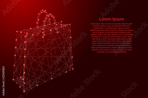 Paper bag with handles for shopping from futuristic polygonal red lines and glowing stars for banner, poster, greeting card. Vector illustration.
