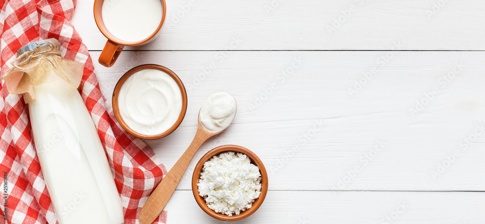 Dairy products composition, top view, copy space Dairy products composition, top view, copy space