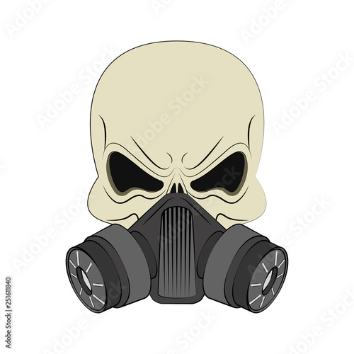 Angry human skull in respirator. Design element for logo, label, emblem, t-shirt or tattoo design. Vector illustration in cartoon style on background.
