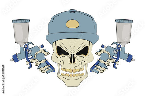 Angry human skull and two spray guns. Design element for logo, label, emblem, t-shirt or tattoo design. Vector illustration in cartoon style on background.