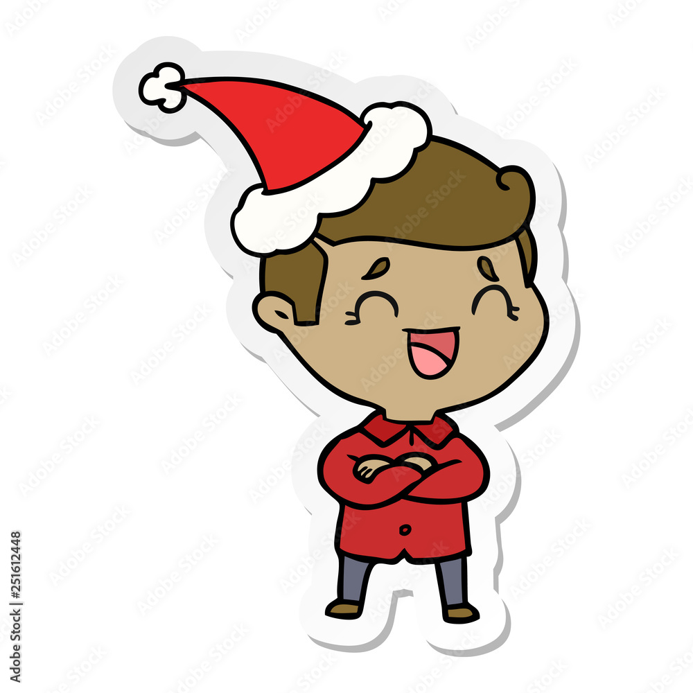 sticker cartoon of a laughing man wearing santa hat