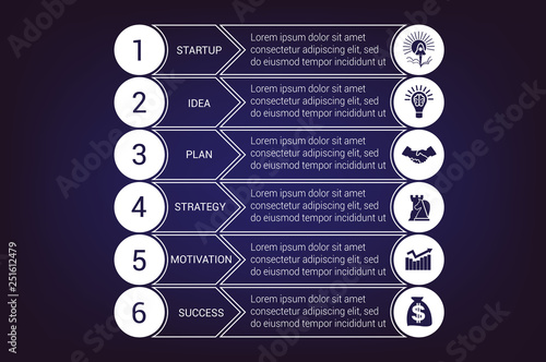 Startup bussines infographic templates from circles and horizontal strips 6 positions
