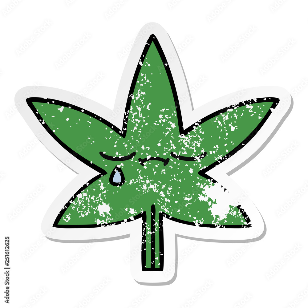 distressed sticker of a cute cartoon marijuana leaf distressed sticker of a cute cartoon marijuana leaf