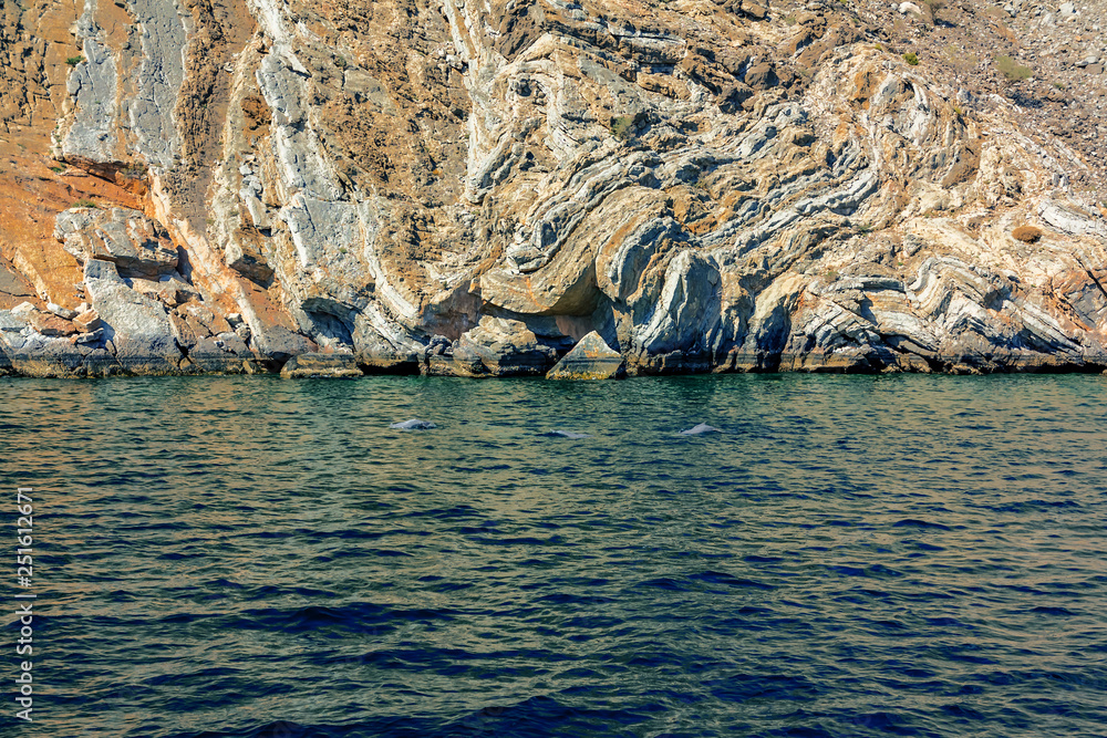 Sea and rocky shores in the fjords of the Gulf of Oman