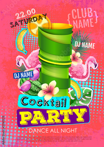 Summer Cocktail party disco poster design. Zine cutlure style photo