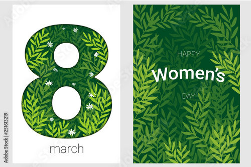8 march greeting card template with leaves and flowers