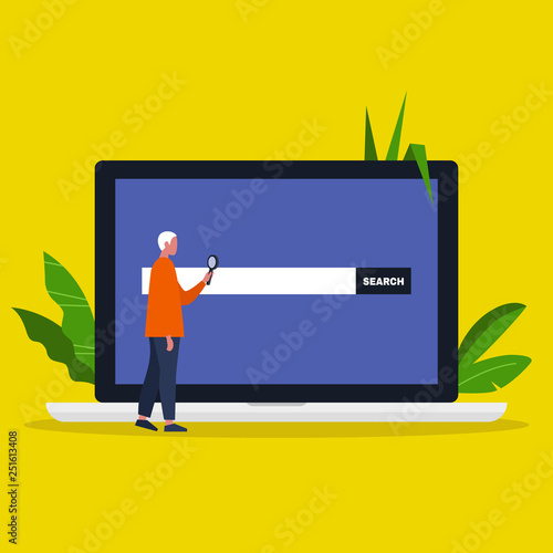 Search conceptual illustration. Young male character looking through the magnifying glass. Laptop / flat editable vector illustration