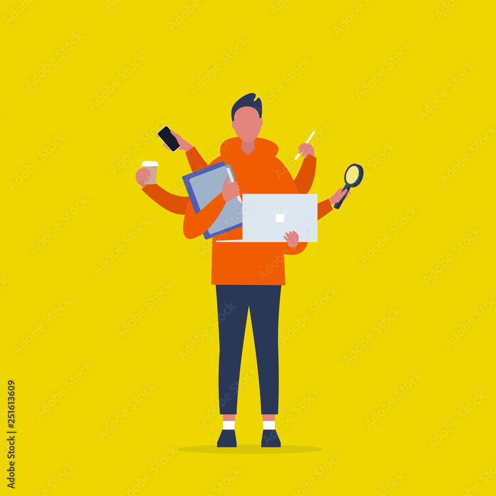 Multitasking millennial concept. Young male character with six hands doing a lot of tasks at the same time / flat editable vector illustration Multitasking millennial concept. Young male character with six hands doing a lot of tasks at the same time / flat editable vector illustration