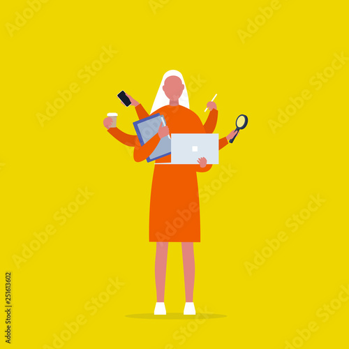 Multitasking millennial concept. Young female character with six hands doing a lot of tasks at the same time  / flat editable vector illustration