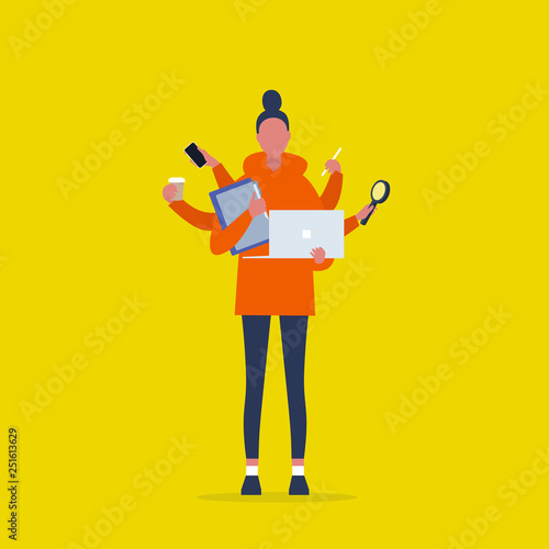 Multitasking millennial concept. Young female character with six hands doing a lot of tasks at the same time  / flat editable vector illustration