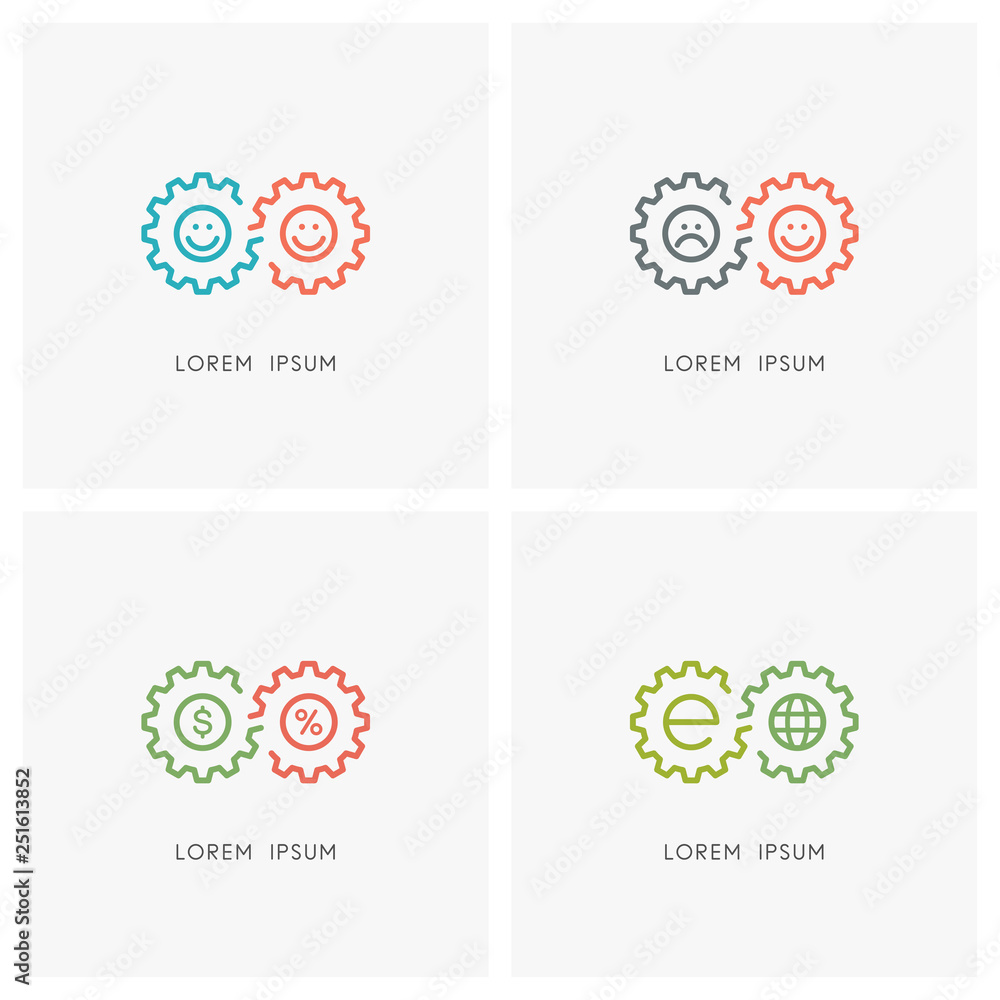 Gear wheel logo set. Pinion or toothing, happy and sad faces, percent sign, dollar and globe symbol - positive and negative emotions, business and finance, ecology and evolution vector icons. Gear wheel logo set. Pinion or toothing, happy and sad faces, percent sign, dollar and globe symbol - positive and negative emotions, business and finance, ecology and evolution vector icons.