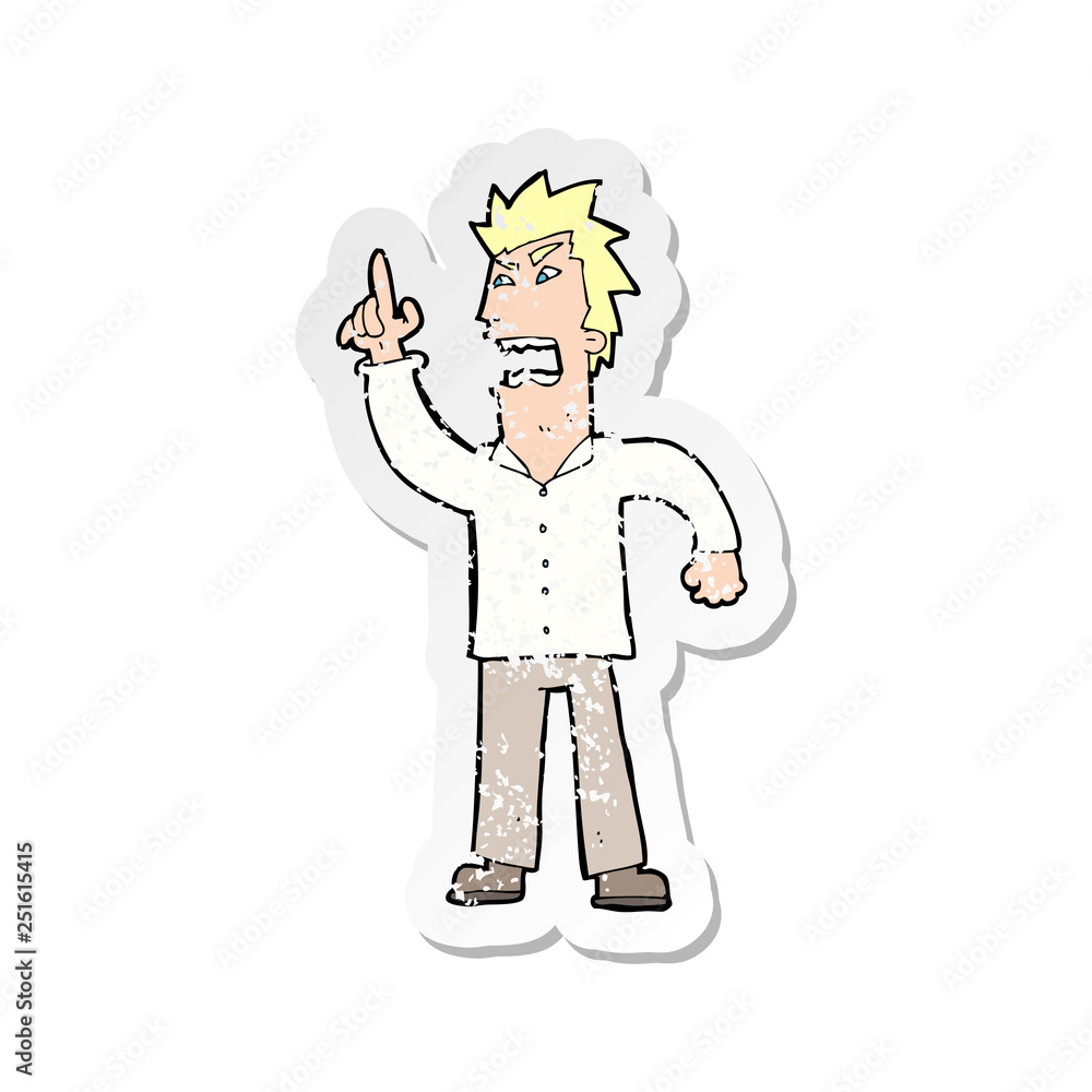 retro distressed sticker of a cartoon angry man making point