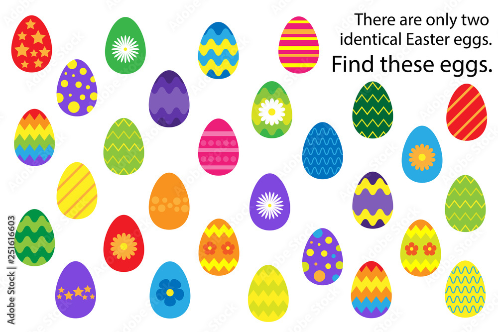 Find 2 identical decoration easter egg, fun education puzzle game for children, preschool worksheet activity for kids, task for the development of logical thinking and mind, vector illustration
