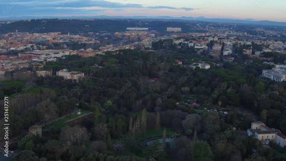 Drone view - Rome, Villa Borghese to Flaminio tracking forward - twilight Drone view - Rome, Villa Borghese to Flaminio tracking forward - twilight