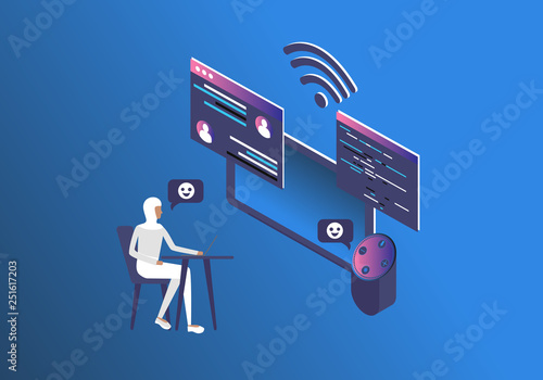 Cartoon picture of character arabian woman she's talking in application with Smart speaker, Voice assistant, home automation hub concept in 3D, isometric style. Vector illustration. EPS 10.