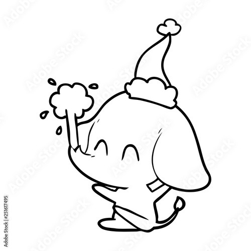cute line drawing of a elephant spouting water wearing santa hat
