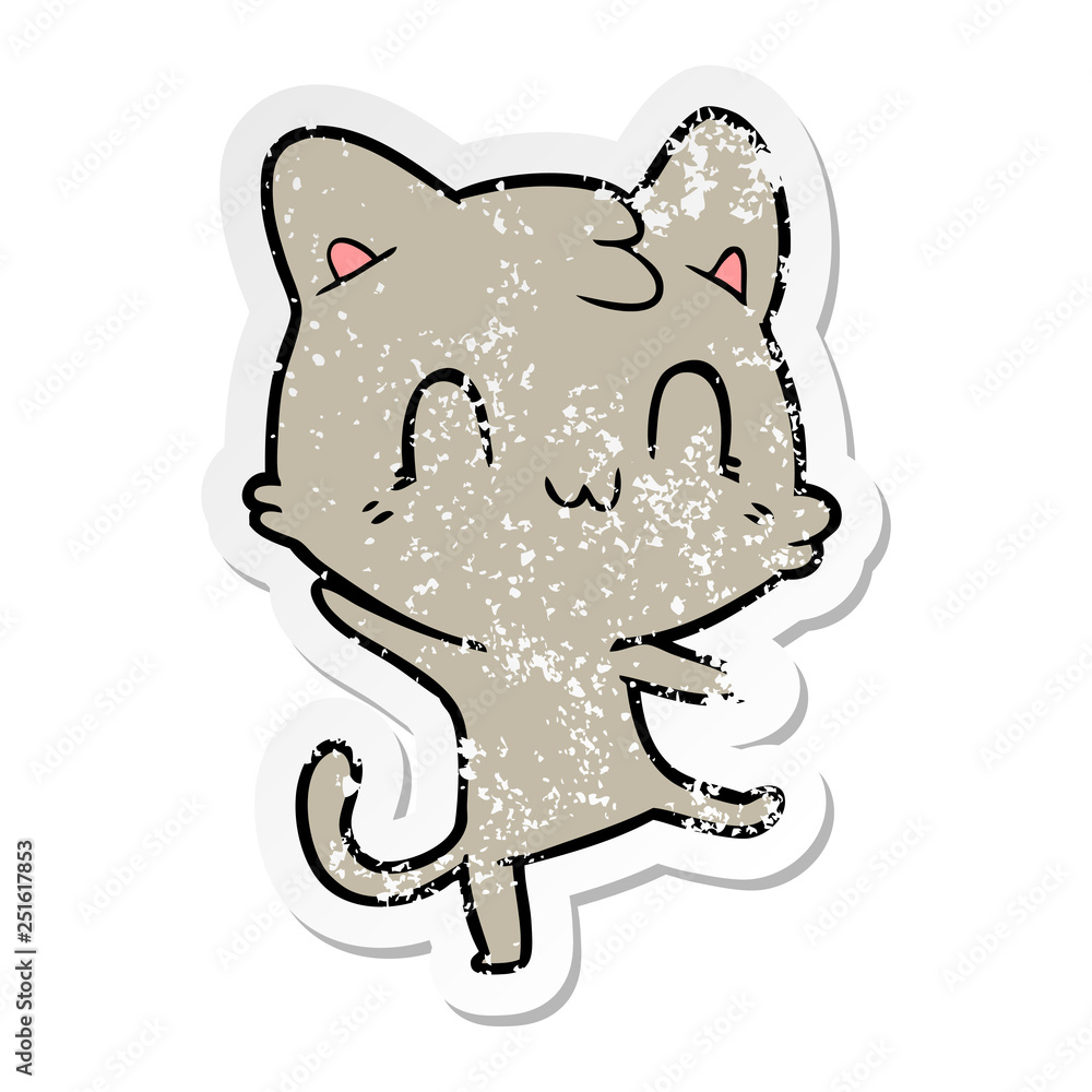 distressed sticker of a cartoon happy cat distressed sticker of a cartoon happy cat
