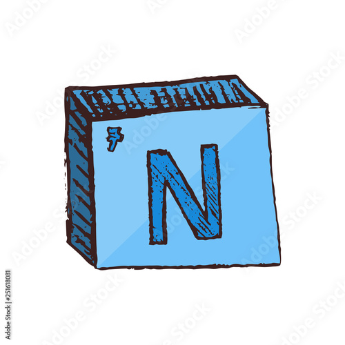 Vector three-dimensional hand drawn blue chemical symbol of nitrogen with an abbreviation N from the periodic table of the elements isolated on a white background.