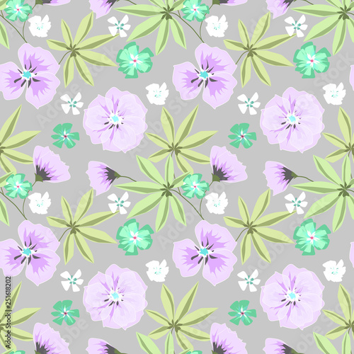 Seamless retro floral pattern.Lilac flowers on a light gray background.