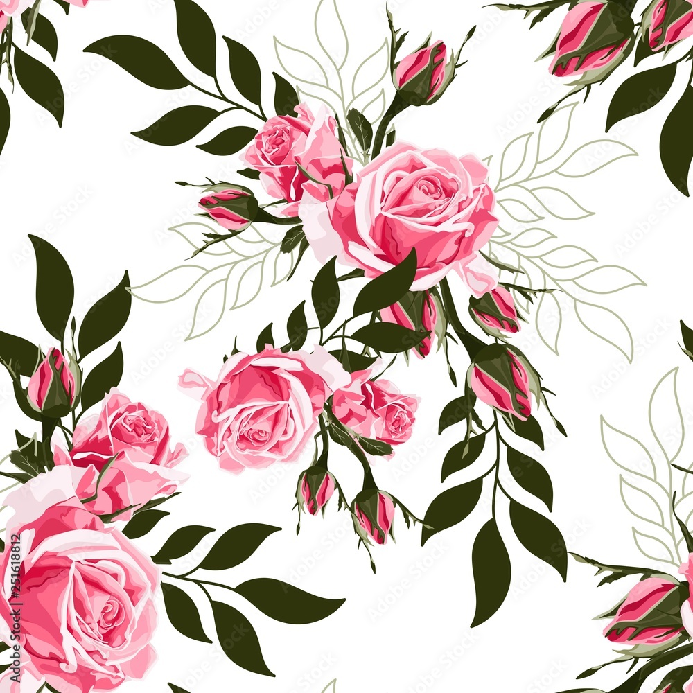 Colorful rose flowers seamless pattern. Floral botanical texture, designer  paper with hand drawn pink flower, green leaves and foliage on warm pastel  pink background. Vintage style wallpaper Stock Illustration