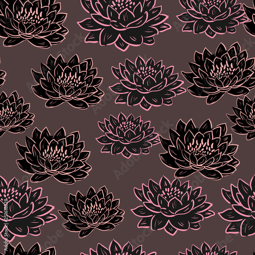 Trendy floral background with lotus flower in hand drawn style. Blooming botanical motifs scattered random. Vector seamless pattern of lily, waterlily on dark. hand drawing