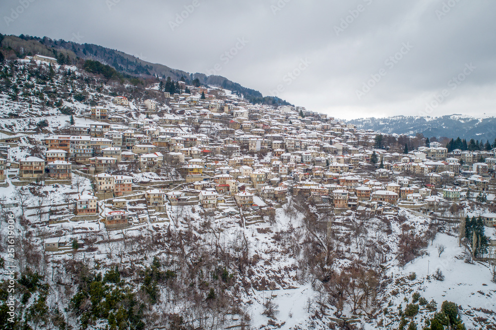Aerial view of the snowy Metsovo is a town in Epirus, in the mountains of Pindus in northern Greece and attracts many visitors