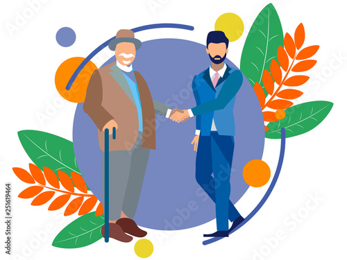 An old man shakes hands with a young guy. Old age and youth. In minimalist style. Flat isometric vector