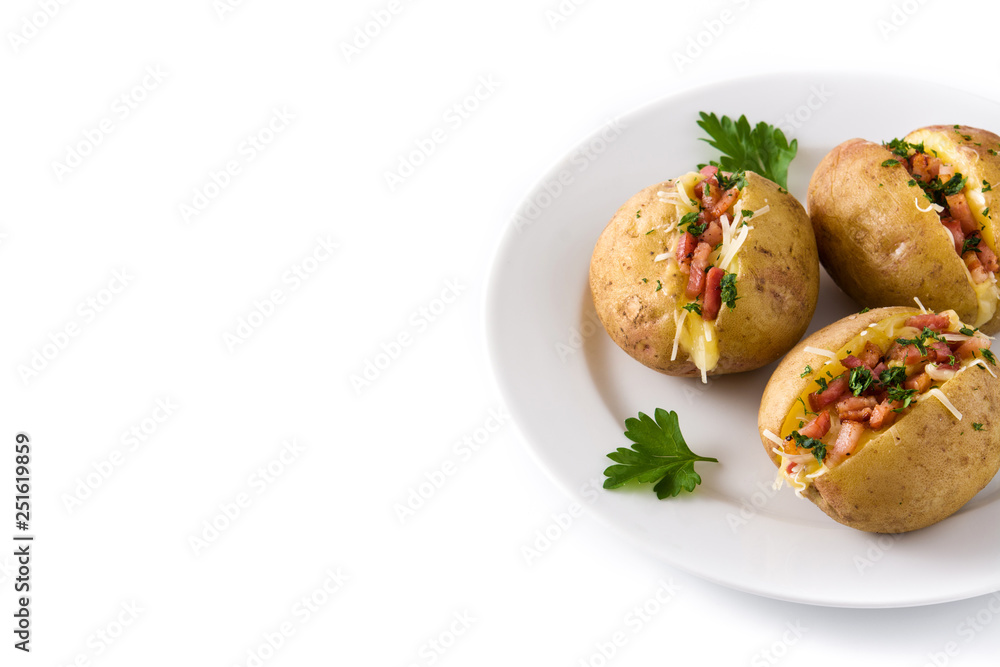 Stuffed potatoes with bacon and cheese on plate isolated on white background. Copyspace Stuffed potatoes with bacon and cheese on plate isolated on white background. Copyspace