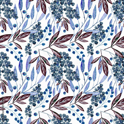 Watercolor seamless retro floral pattern.blue flowers on white background.
