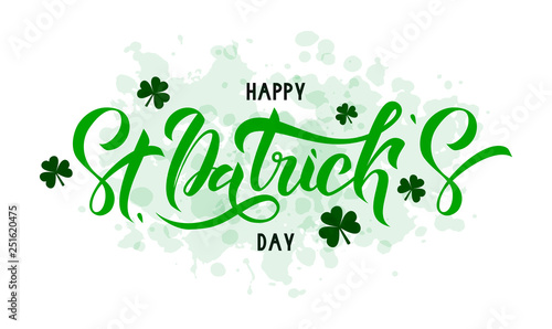 Happy St. Patrick Day lettering on light green background with trefoils. Beautiful Vector illustration for greeting card/poster/banner template.