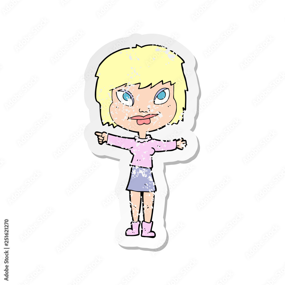retro distressed sticker of a cartoon woman pointing retro distressed sticker of a cartoon woman pointing