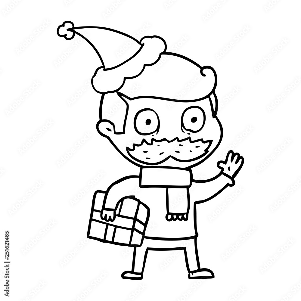 line drawing of a man with mustache and christmas present wearing santa hat