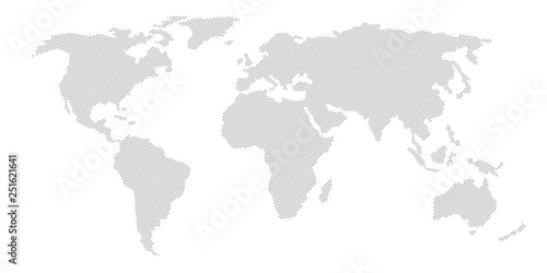 Illustration and pictogram of gray hatched map of the world.