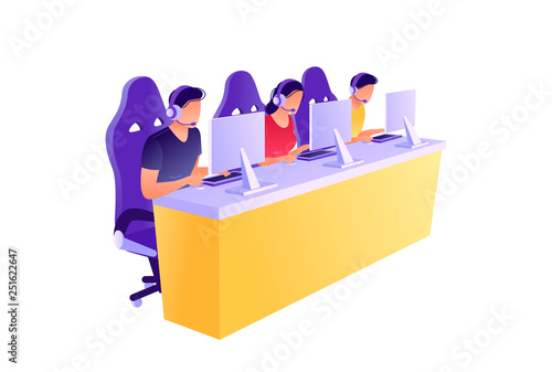Cybersport. Men and woman playing game, looking at screen and sitting in chairs. Flat concept vector illustration, isolated on white.