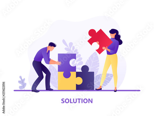 Solution. People fitting together pieces of a jigsaw puzzle. Cooperation and teamwork, solutions and problem solving. Flat concept vector illustration for web page, website and mobile.