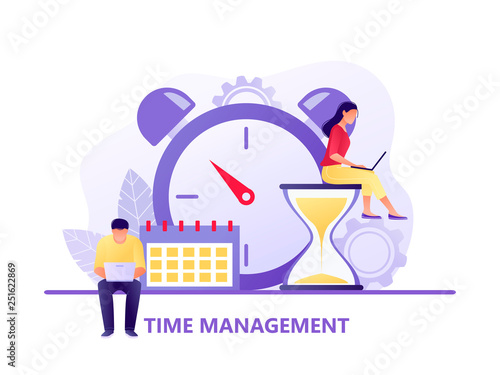 Time management, Deadline with small people around the large watch and calendar. Concept of term and time, planning. Vector flat illustration. Flat concept vector illustration for web, landing page.