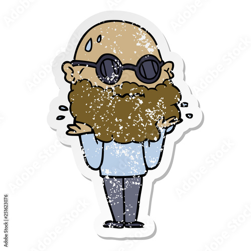 distressed sticker of a cartoon worried man with beard and sunglasses