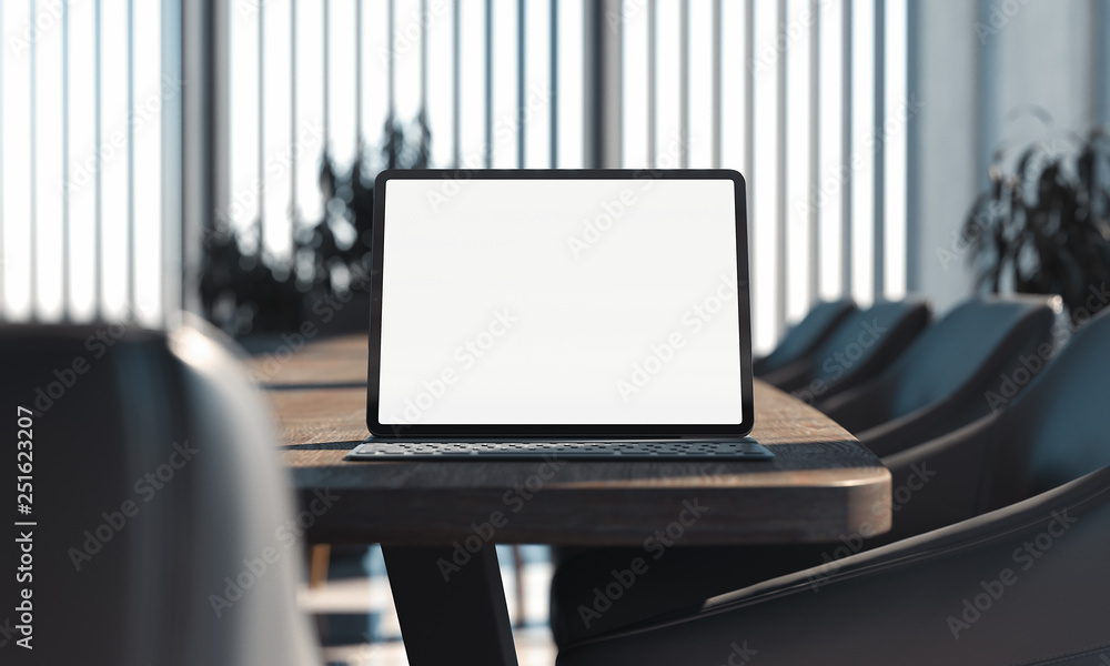Tablet with blank white screen and keyboard on table. workspace. 3d rendering.