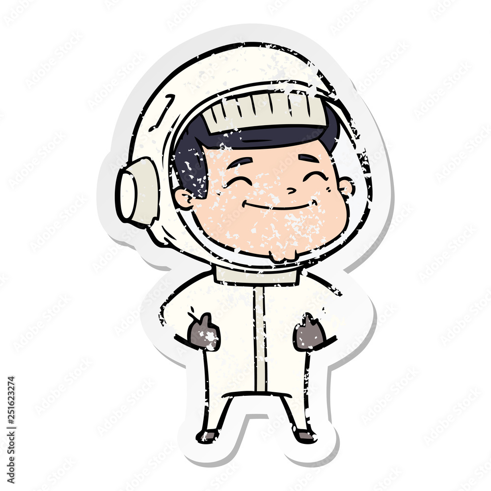 distressed sticker of a happy cartoon astronaut distressed sticker of a happy cartoon astronaut