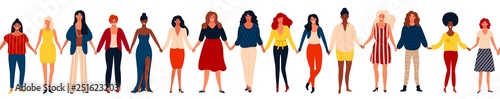 Modern seamless border with international group of happy women or girls standing together and holding hands.