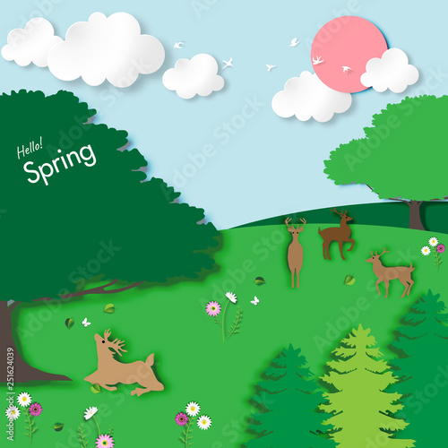 Spring background with paper art design vector and illustration 001